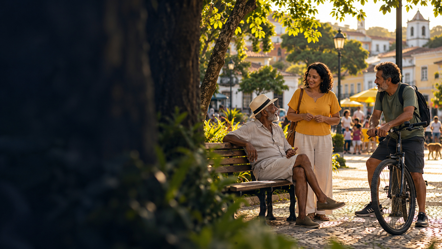 Moradores compartilham uma conversa em uma praça arborizada.