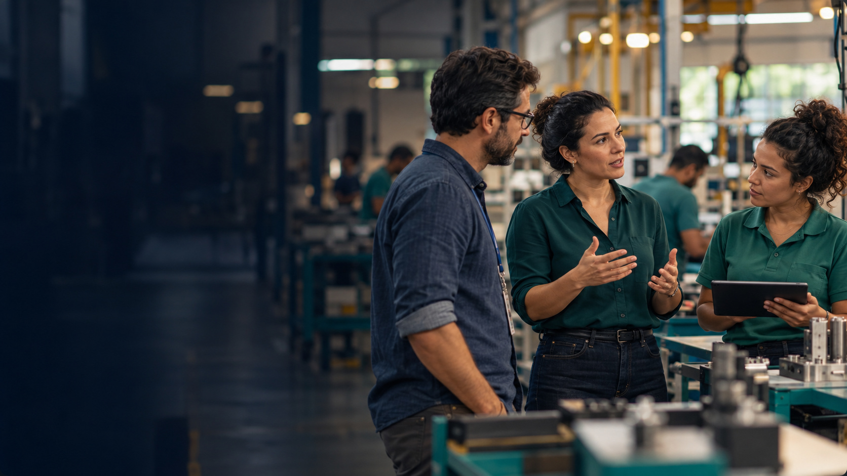 Três profissionais de uma empresa trocam ideias no ambiente de trabalho.